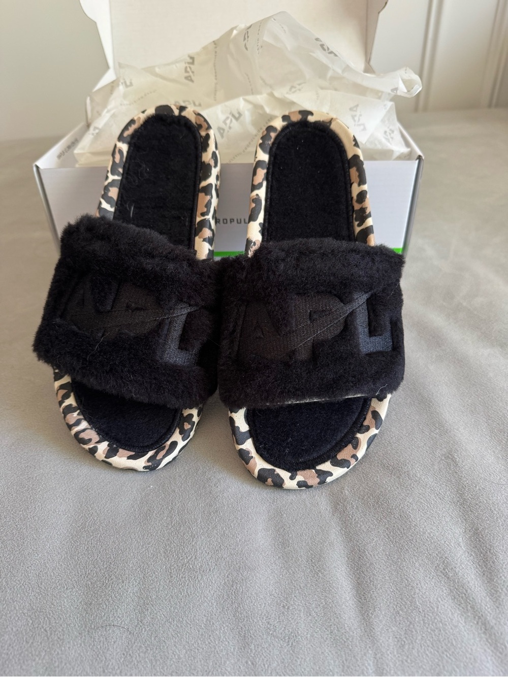 APL Black Shearling Slide Sandals with Leopard-Print Trim